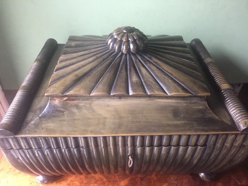 Fine mid C19th Vizagapatam Indian buffalo horn , sandalwood, ebony and ivory workbox of sarcophagus form . View V