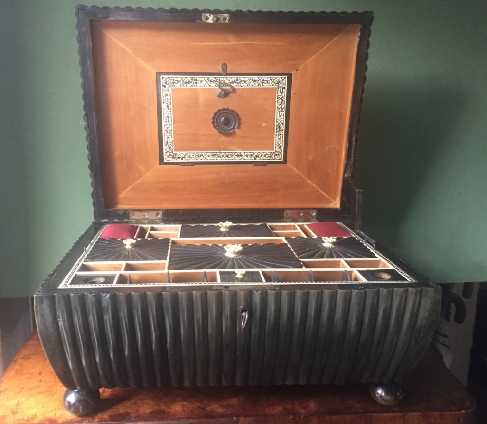 Fine mid C19th Vizagapatam Indian buffalo horn , sandalwood, ebony and ivory workbox of sarcophagus form . View VI