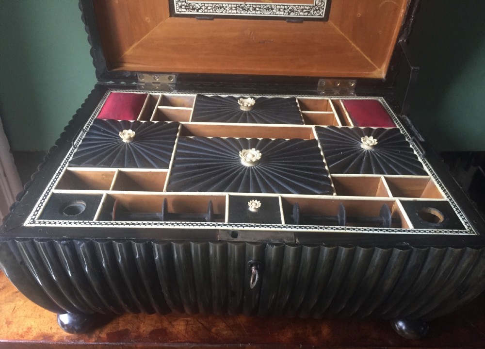 Fine mid C19th Vizagapatam Indian buffalo horn , sandalwood, ebony and ivory workbox of sarcophagus form . View VII