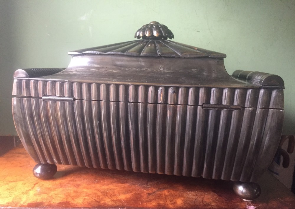 Fine mid C19th Vizagapatam Indian buffalo horn , sandalwood, ebony and ivory workbox of sarcophagus form . View XI