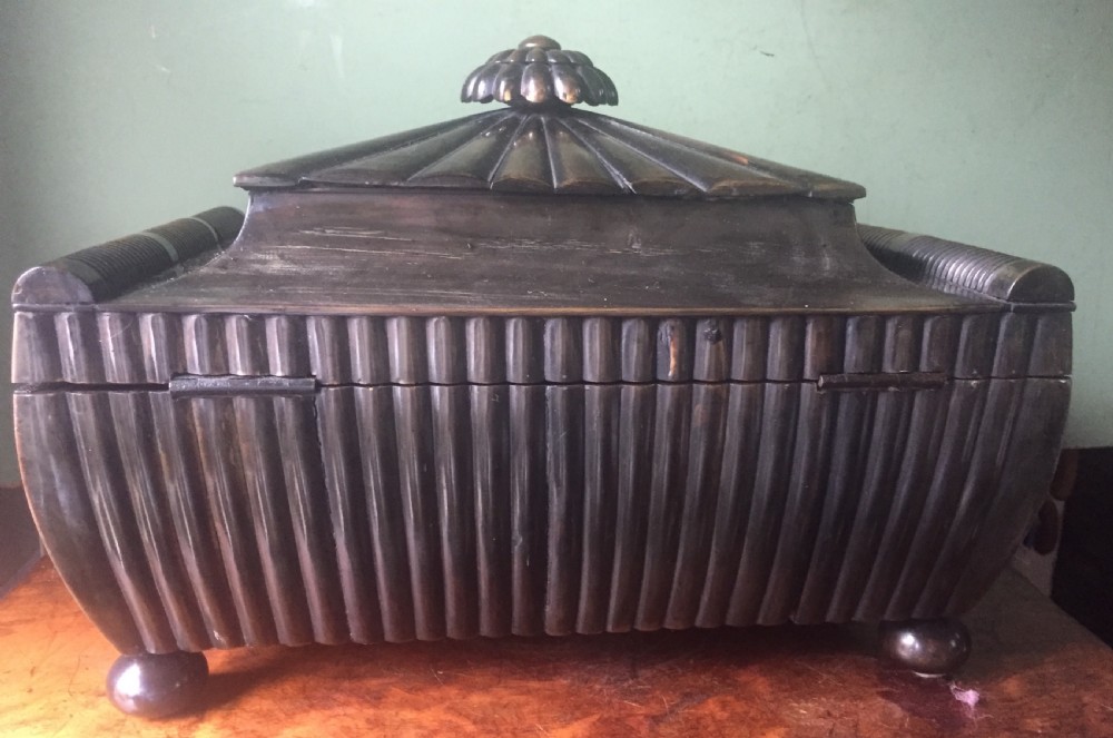 Fine mid C19th Vizagapatam Indian buffalo horn , sandalwood, ebony and ivory workbox of sarcophagus form . View XII