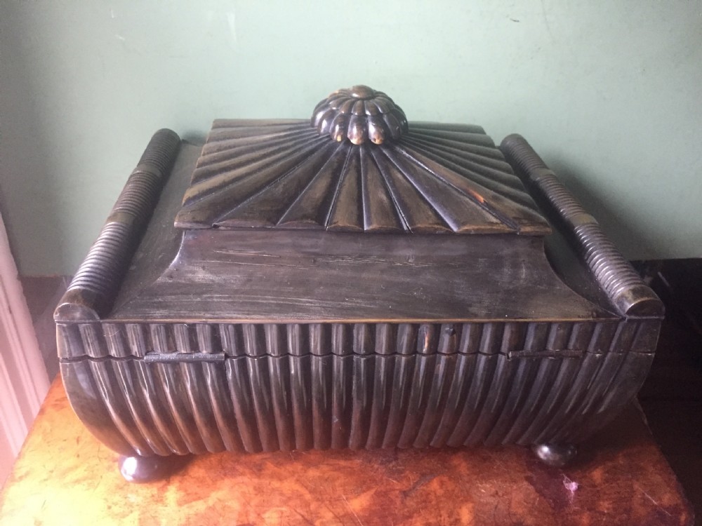 Fine mid C19th Vizagapatam Indian buffalo horn , sandalwood, ebony and ivory workbox of sarcophagus form . View XIII