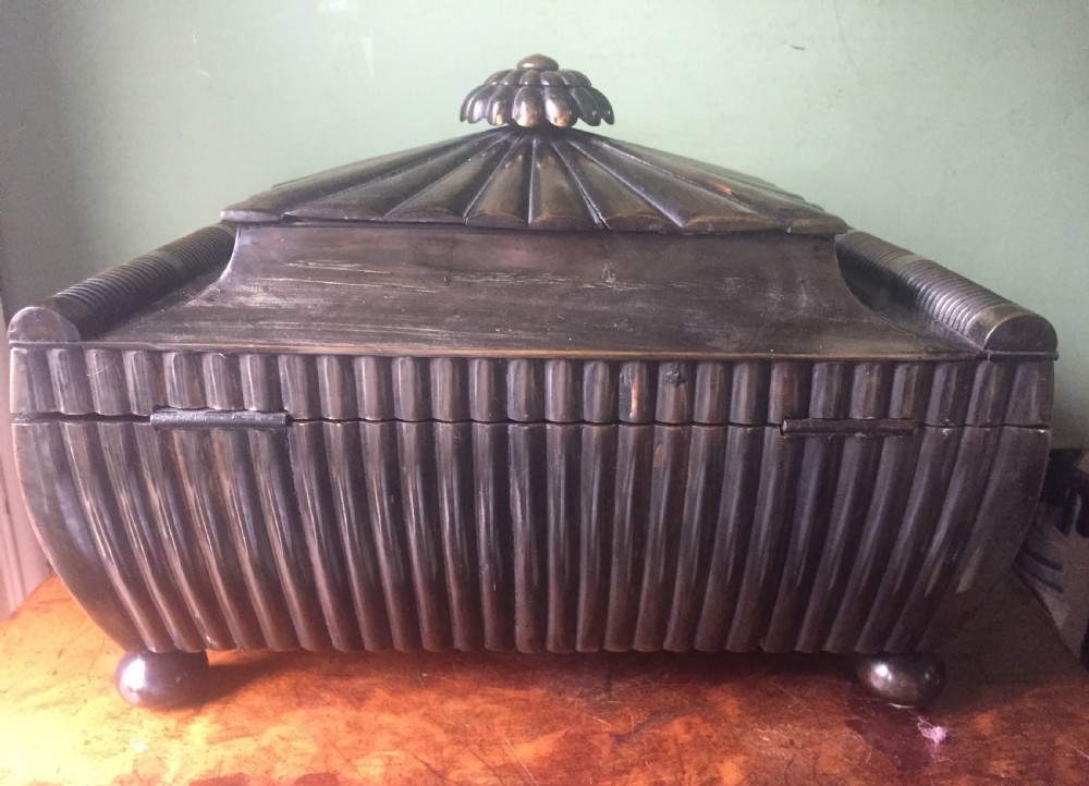 Fine mid C19th Vizagapatam Indian buffalo horn , sandalwood, ebony and ivory workbox of sarcophagus form . View XIV