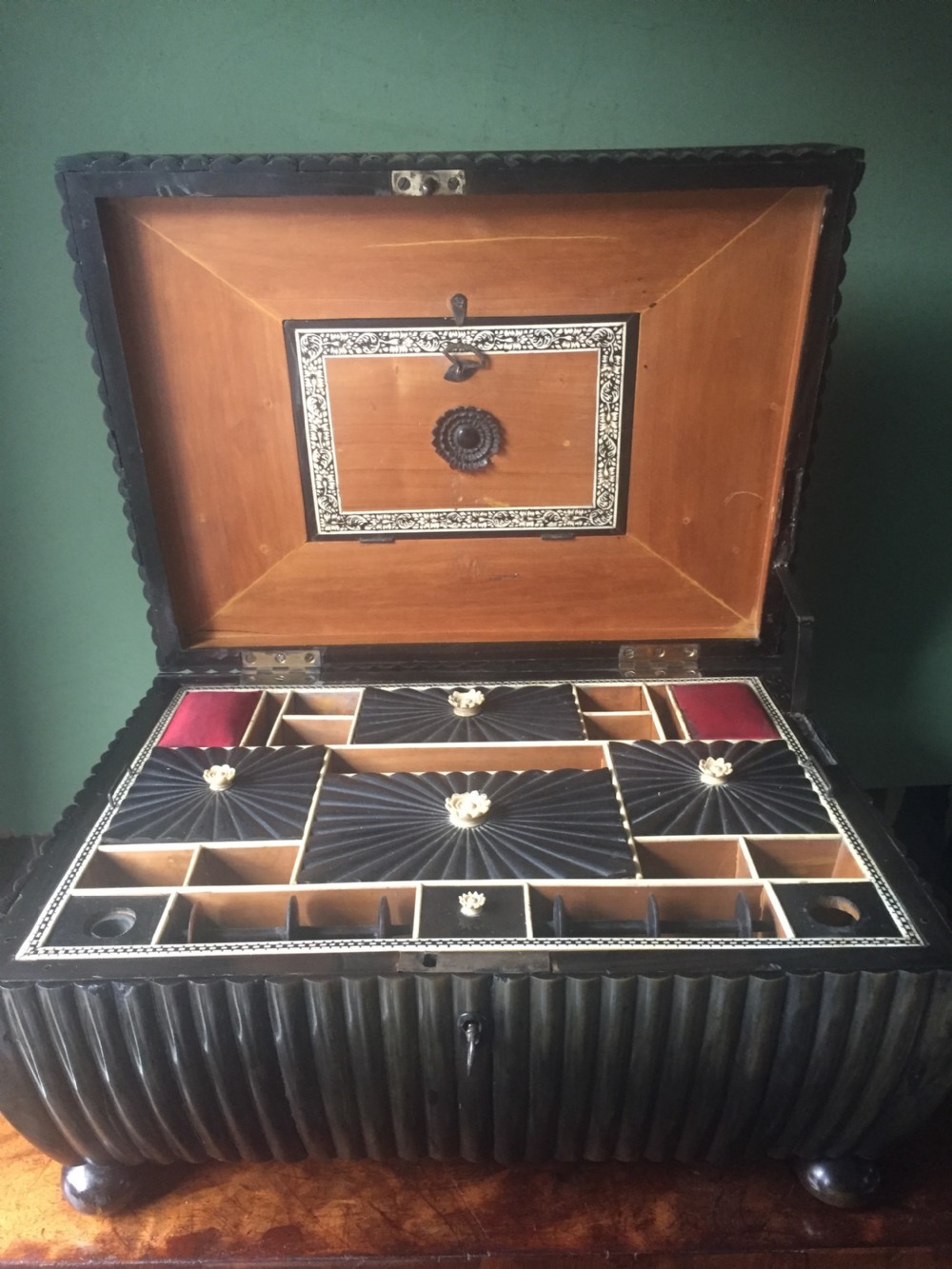 Fine mid C19th Vizagapatam Indian buffalo horn , sandalwood, ebony and ivory workbox of sarcophagus form . View XVIII