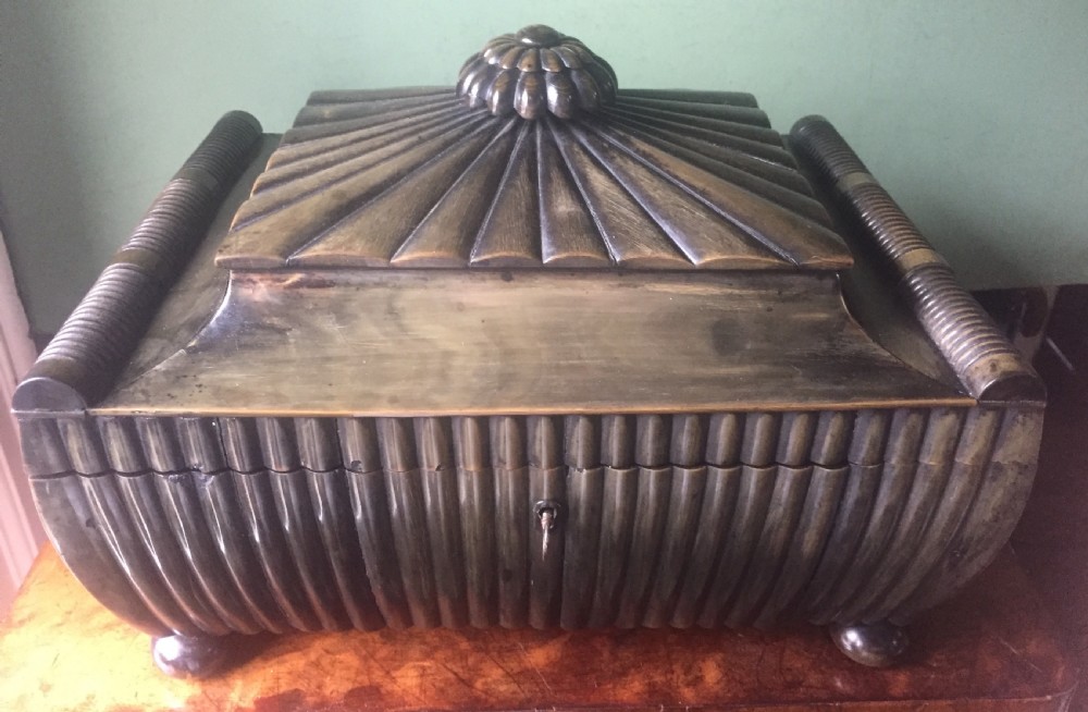 Fine mid C19th Vizagapatam Indian buffalo horn , sandalwood, ebony and ivory workbox of sarcophagus form . View XXII