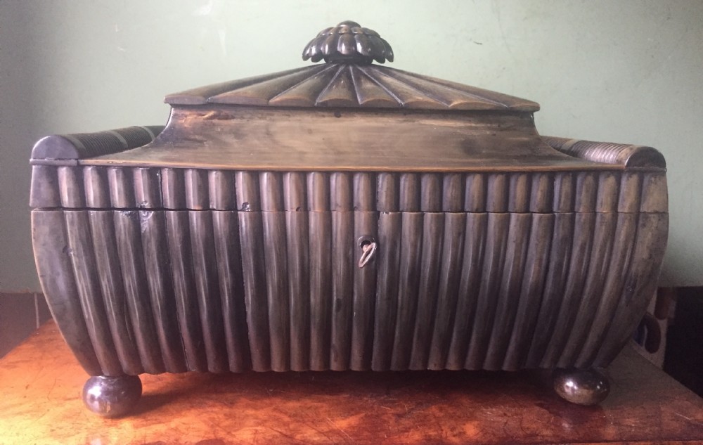 Fine mid C19th Vizagapatam Indian buffalo horn , sandalwood, ebony and ivory workbox of sarcophagus form . View XXIV