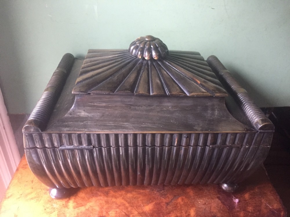 Fine mid C19th Vizagapatam Indian buffalo horn , sandalwood, ebony and ivory workbox of sarcophagus form . View XXV