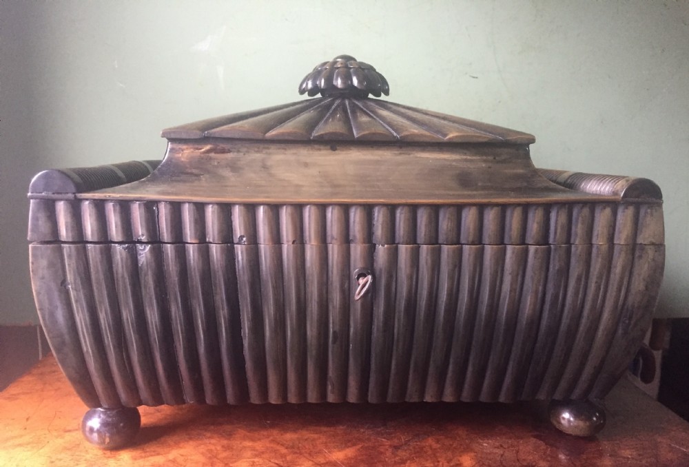 Fine mid C19th Vizagapatam Indian buffalo horn , sandalwood, ebony and ivory workbox of sarcophagus form .
