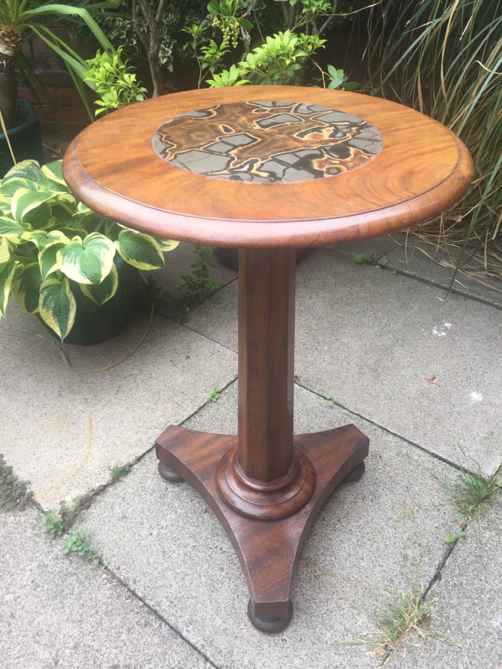 Decorative C19th William IV period mahogany occasional or lamp table with rare and unusual inset specimen marble 
