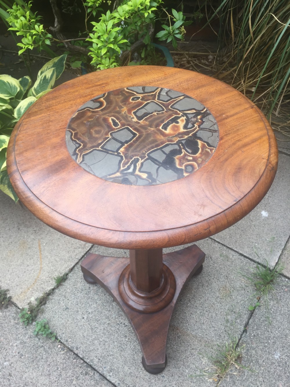 Decorative C19th William IV period mahogany occasional or lamp table with rare and unusual inset specimen marble 