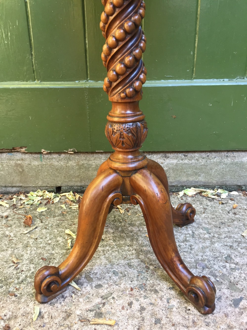 Rare mid C19th olive-wood wine table or candle-stand on a quadruple support base.  View V
