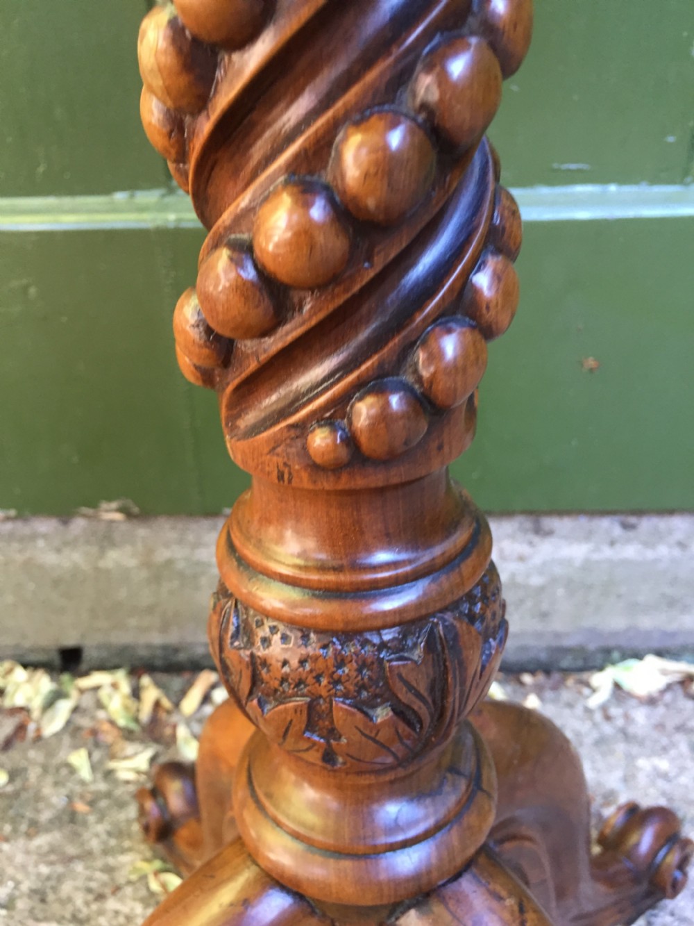 Rare mid C19th olive-wood wine table or candle-stand on a quadruple support base.  View VII