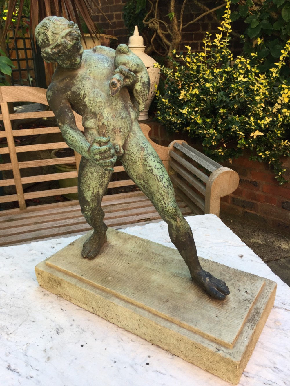 Large late C19th Italian 'Grand Tour' souvenir bronze figure , after the antique, of The Drunken Faun of Pompeii .