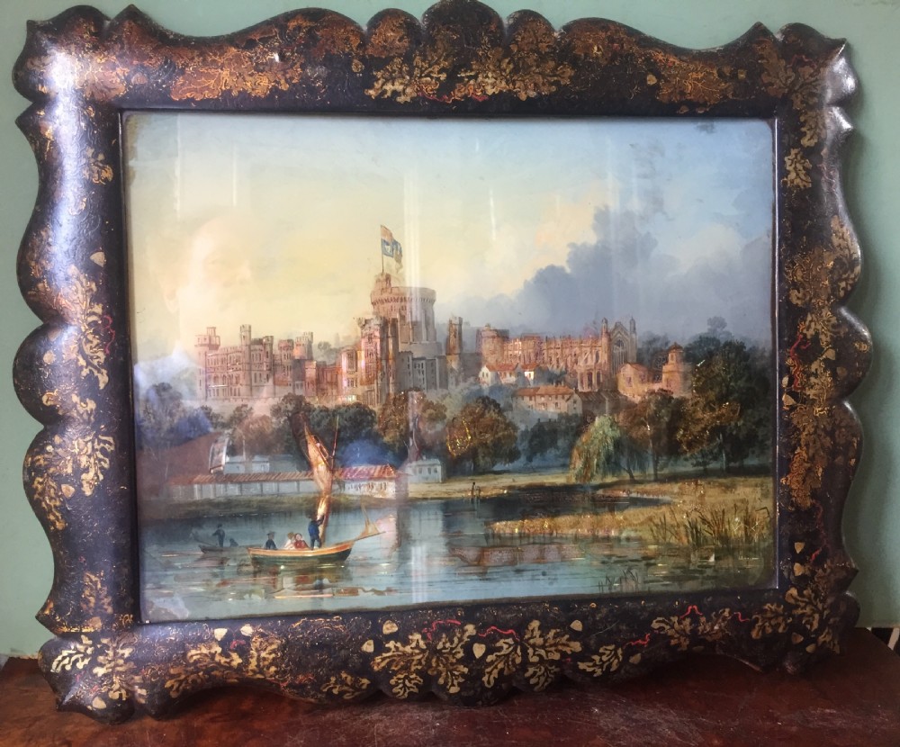 Mid C19th Victorian period reverse-glass painted and pearl patent painting by Thomas Lane of Windsor Castle.