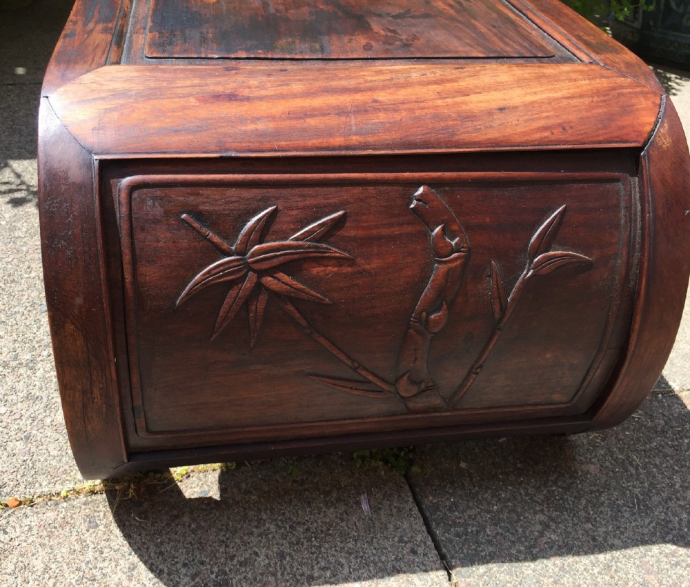 Late C19th Chinese Qing Dynasty carved hardwood 'kang' or opium table of scroll-end design. View V