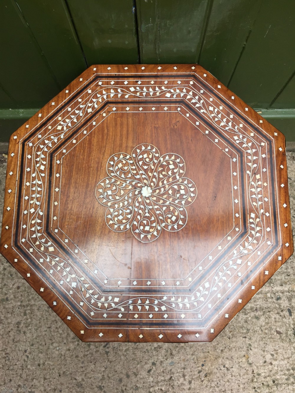 Late C19th Anglo-Indian Hoshiarpur ivory inlaid octagonal shisham table. View IV