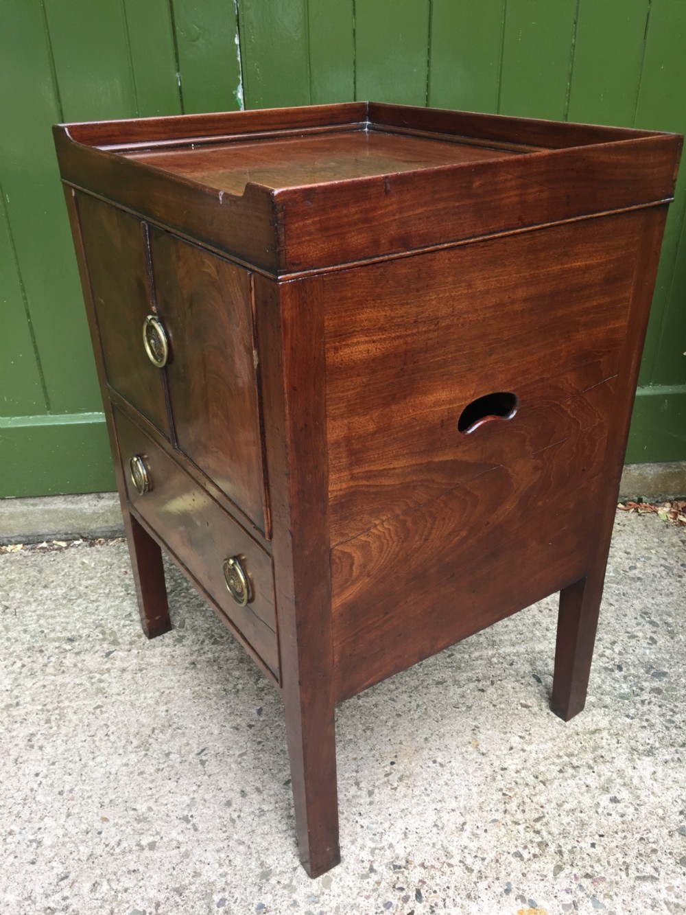 Late C18th George III period tray-top bedside cupboard or night table . View III