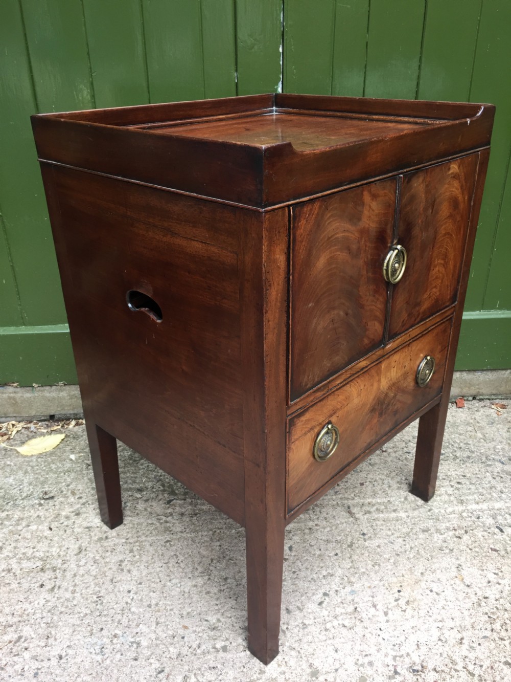 Late C18th George III period tray-top bedside cupboard or night table . View IV