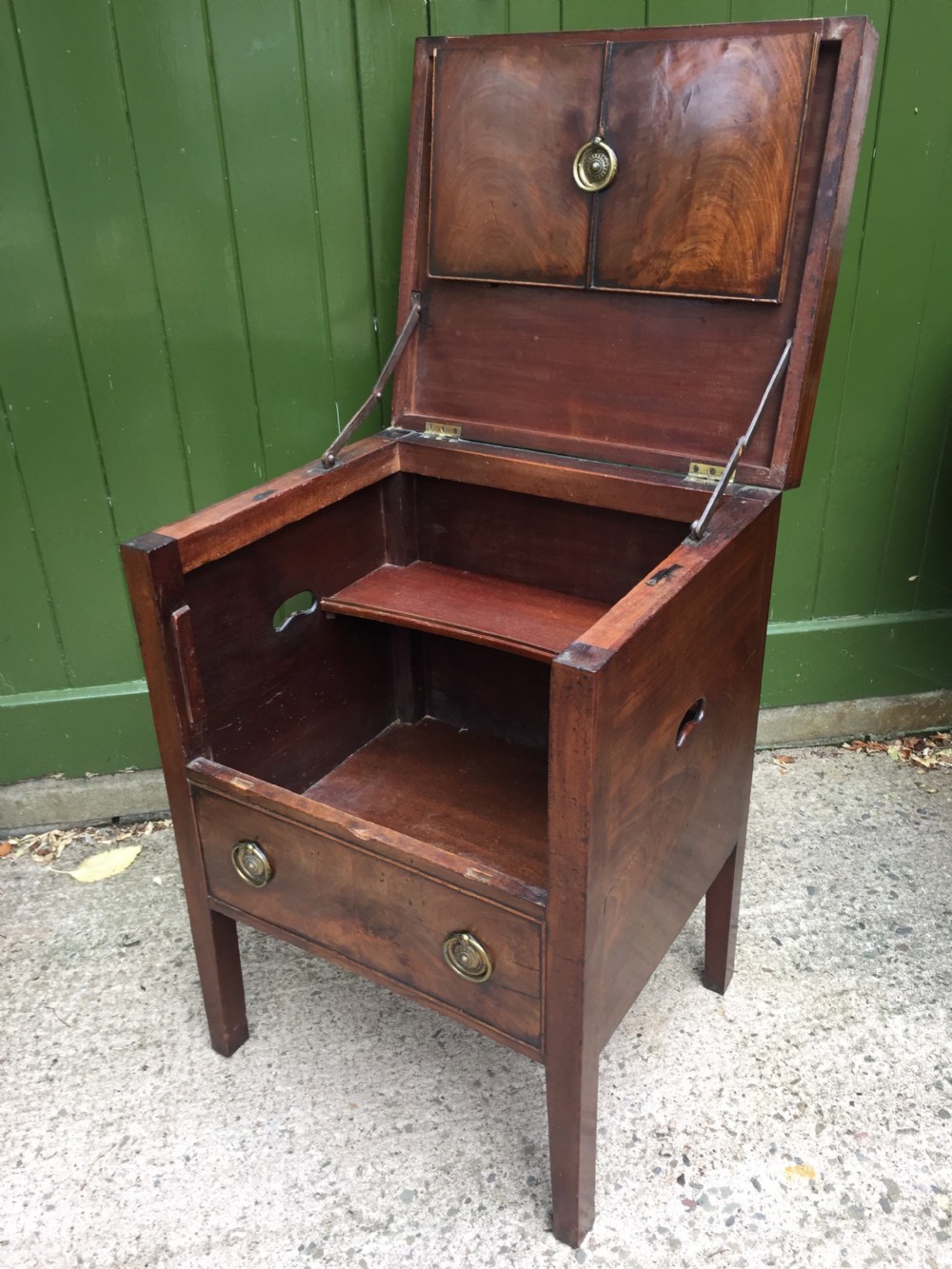 Late C18th George III period tray-top bedside cupboard or night table . View VI