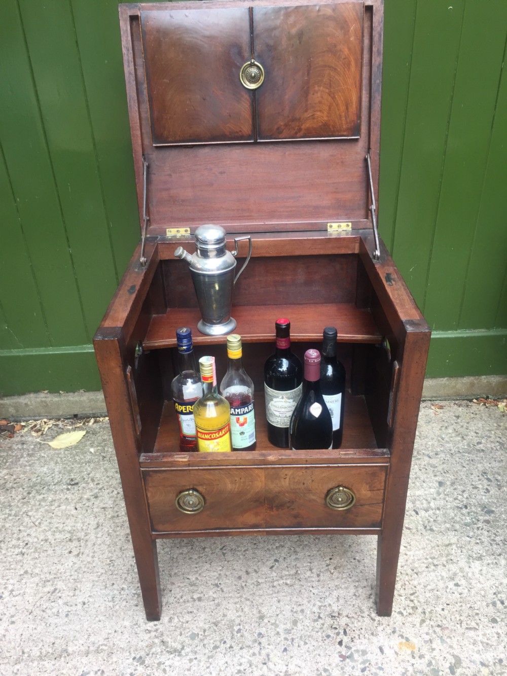 Late C18th George III period tray-top bedside cupboard or night table . View VIII