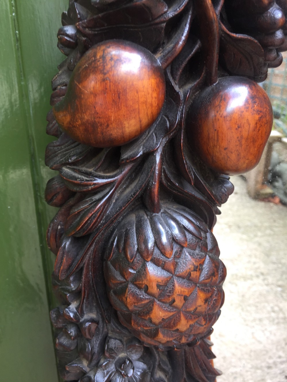 Exceptional mid C19th Indo-Portuguese carved rosewood or padauk framed oval mirror. View VI