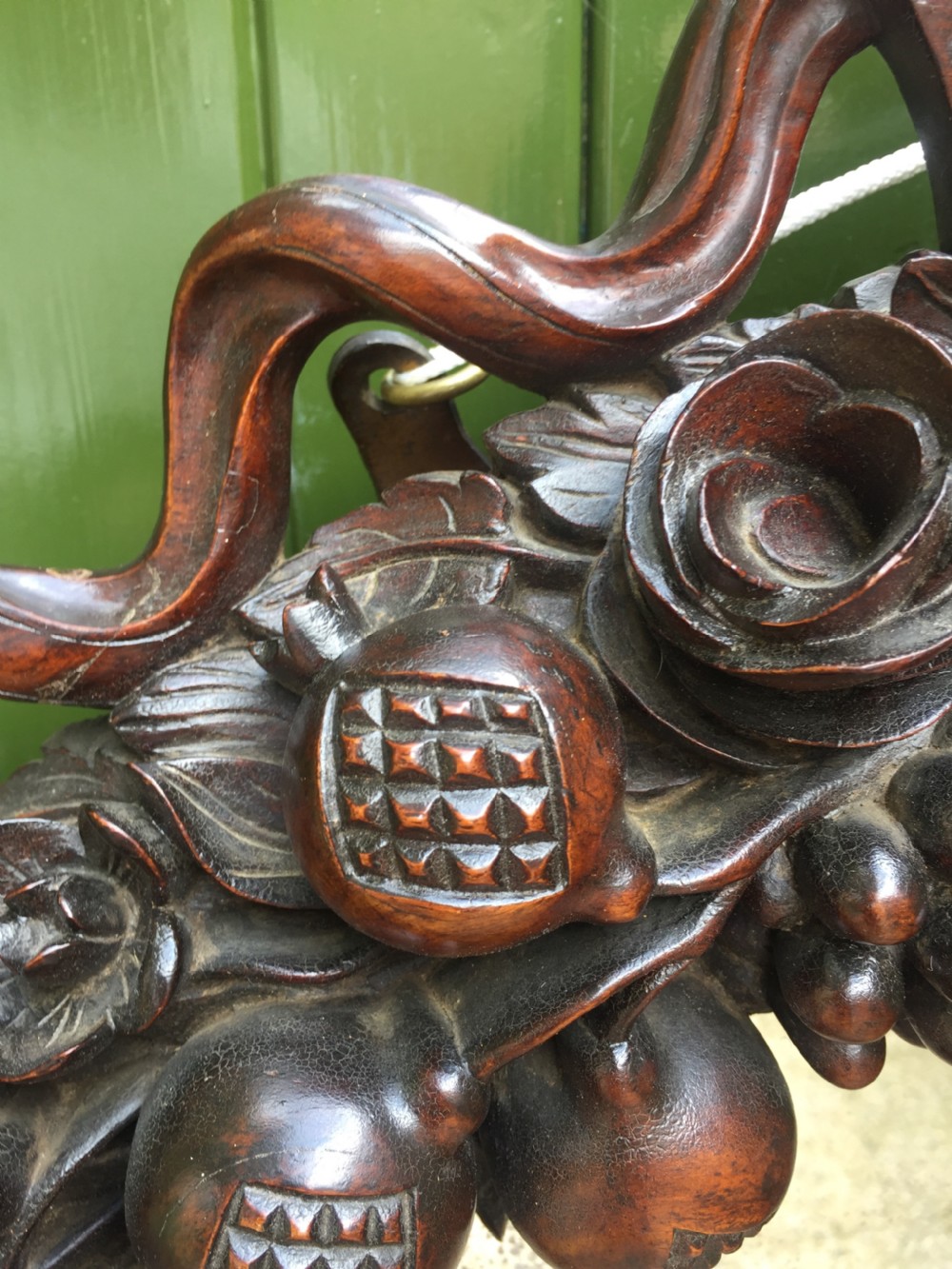 Exceptional mid C19th Indo-Portuguese carved rosewood or padauk framed oval mirror. View XIII