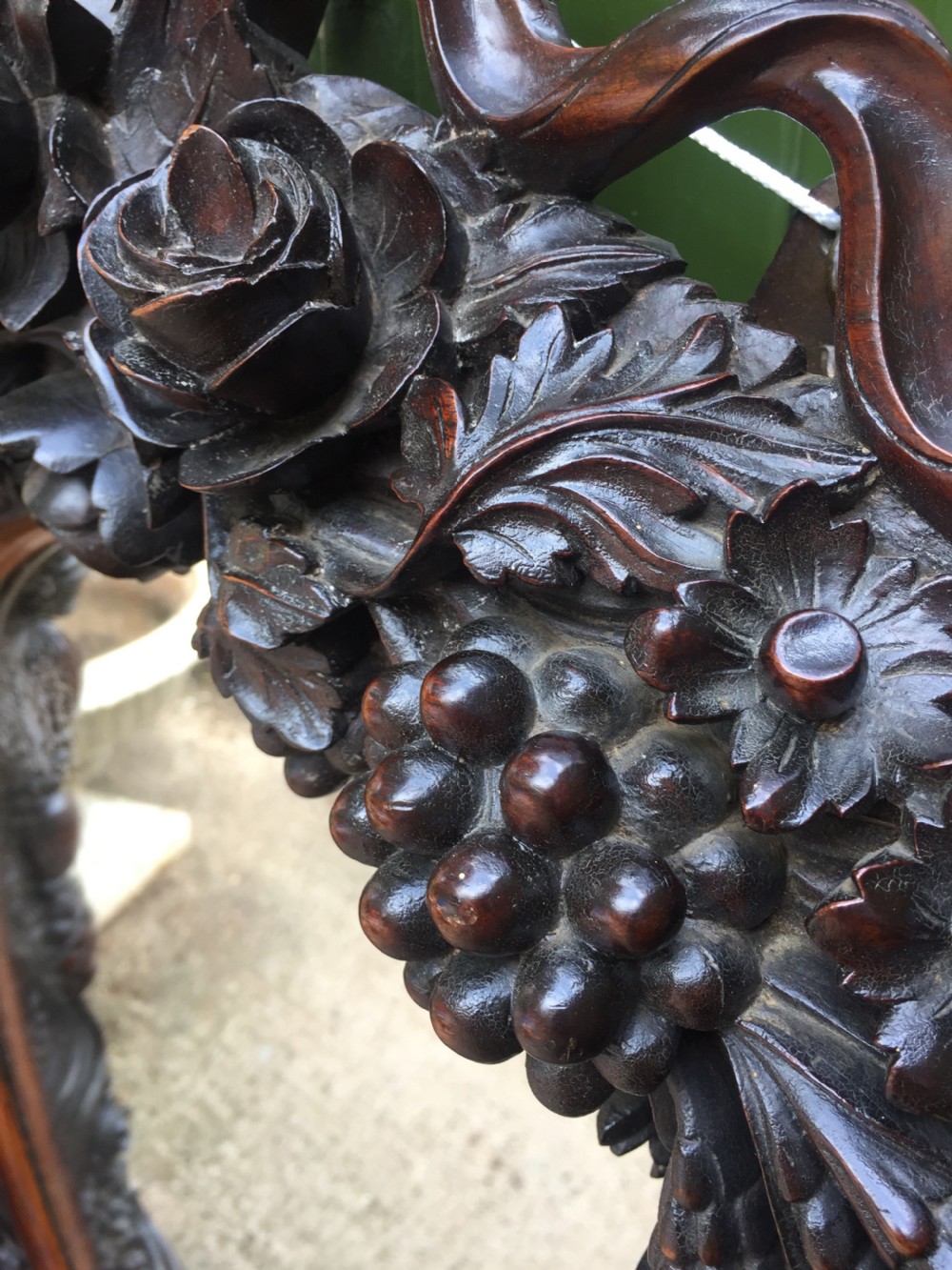 Exceptional mid C19th Indo-Portuguese carved rosewood or padauk framed oval mirror. View XIV