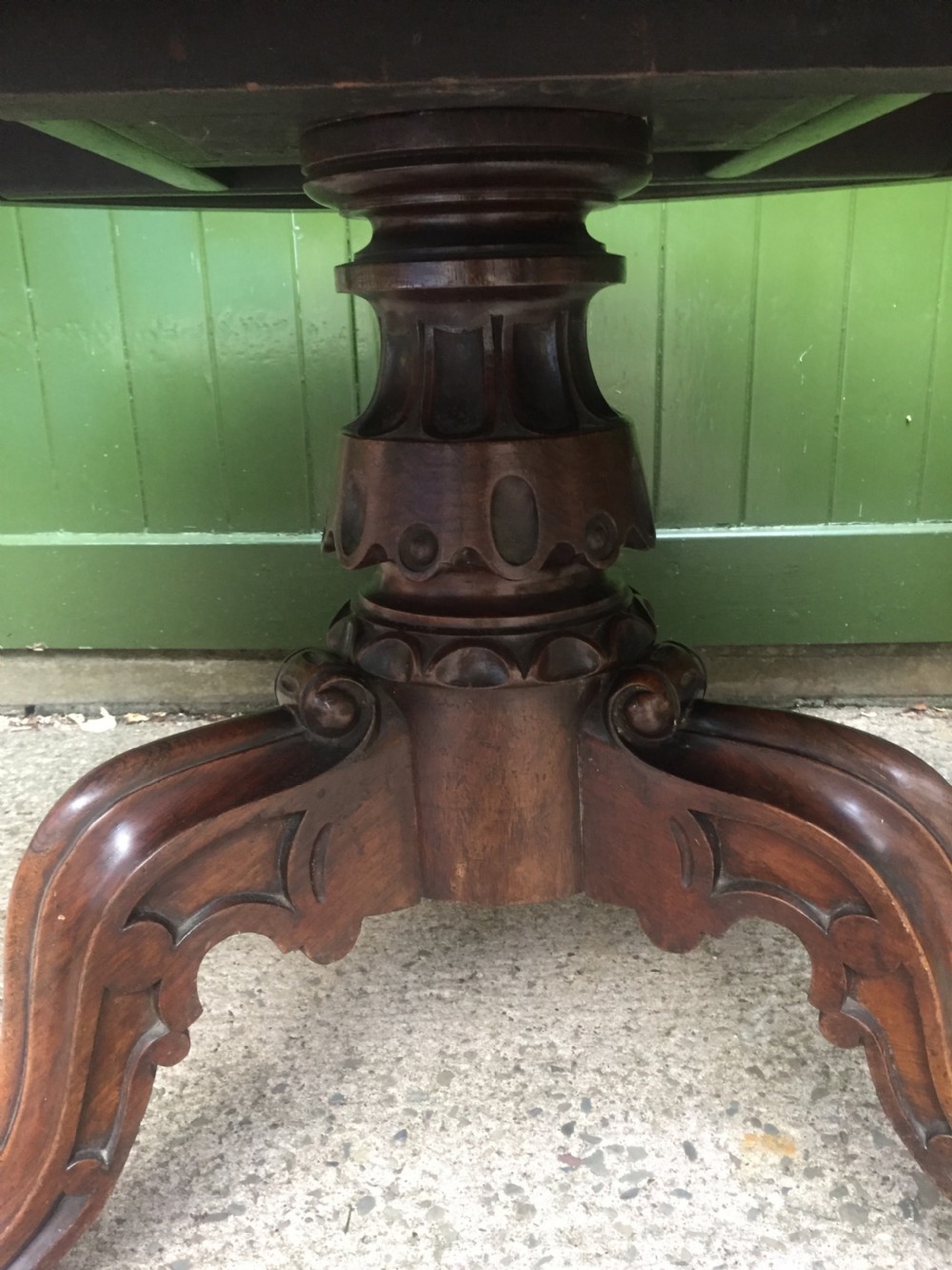 Mid C19th Victorian period figured rosewood circular centre or breakfast table on cabriole support base. View VI