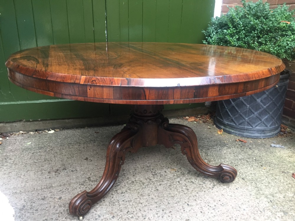 Mid C19th Victorian period figured rosewood circular centre or breakfast table on cabriole support base. View X