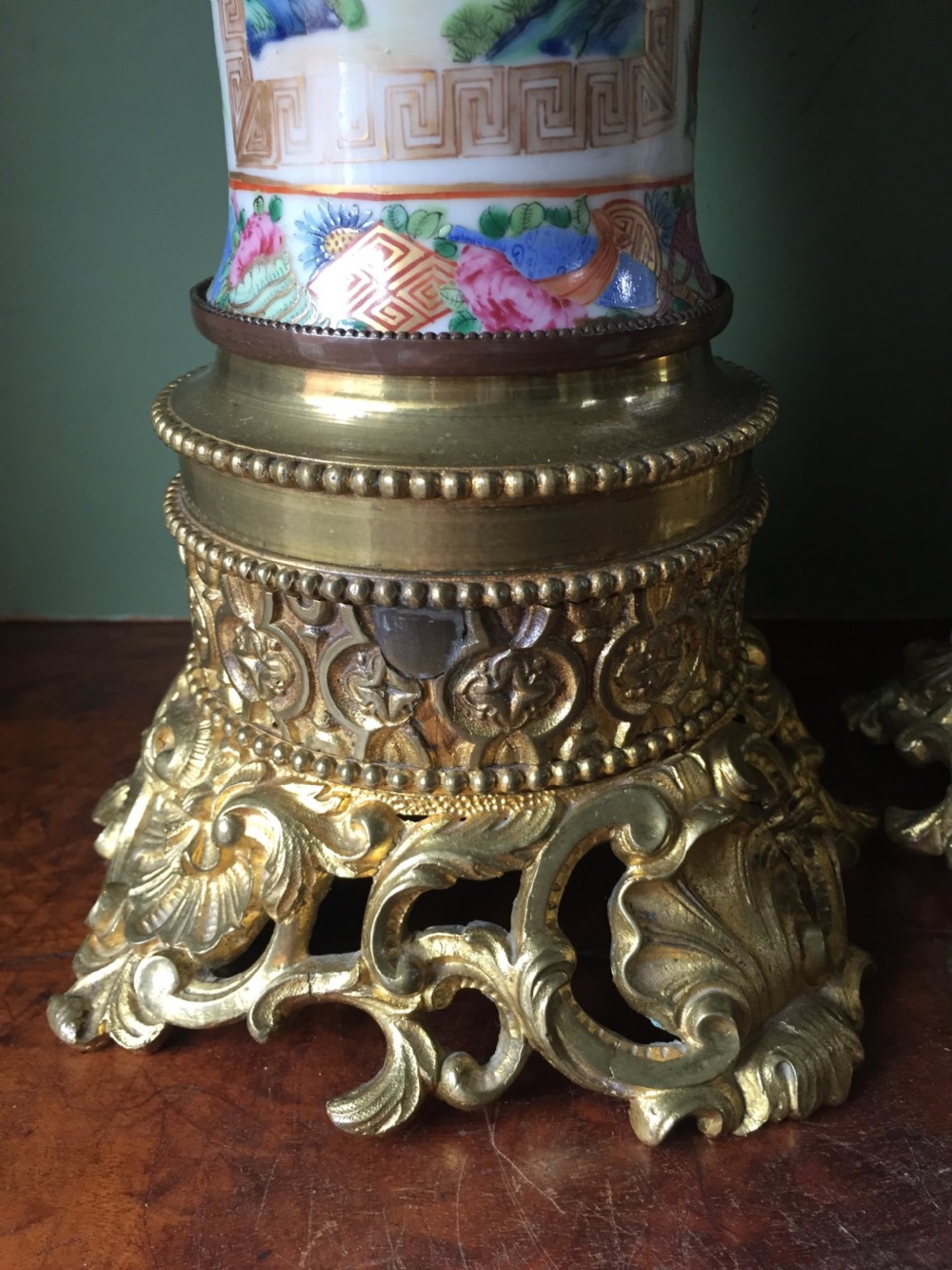 Pair of larger-scale mid C19th Chinese ormolu-mounted Cantonese porcelain lamps. View VI
