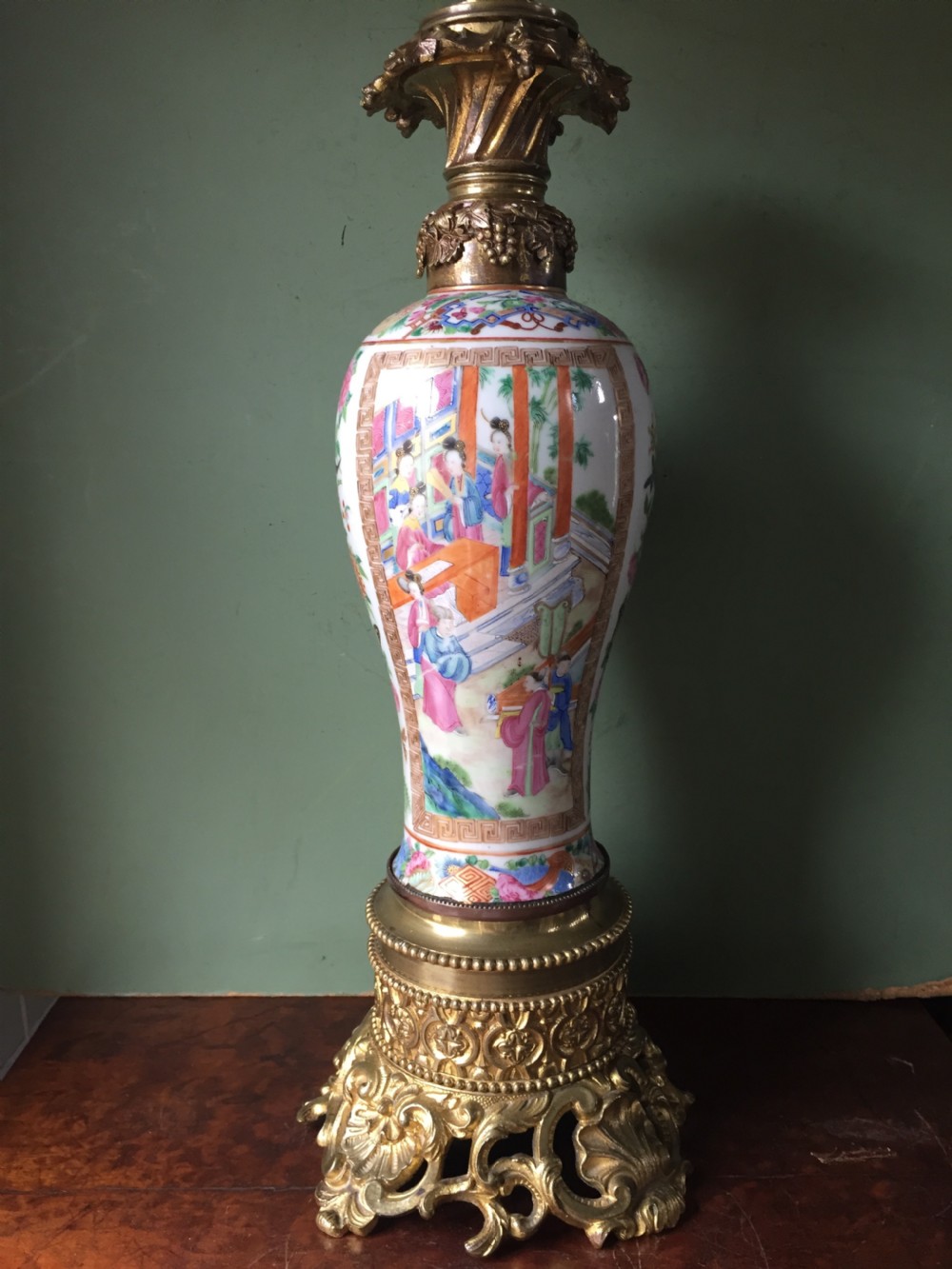 Pair of larger-scale mid C19th Chinese ormolu-mounted Cantonese porcelain lamps. View IX