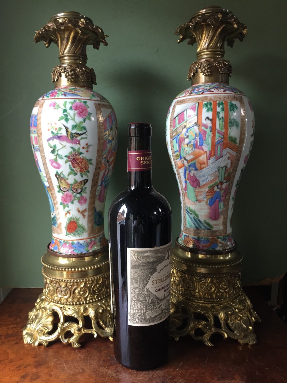 Pair of larger-scale mid C19th Chinese ormolu-mounted Cantonese porcelain lamps. View X