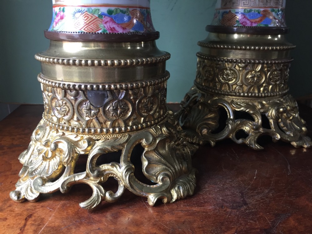 Pair of larger-scale mid C19th Chinese ormolu-mounted Cantonese porcelain lamps. View XII
