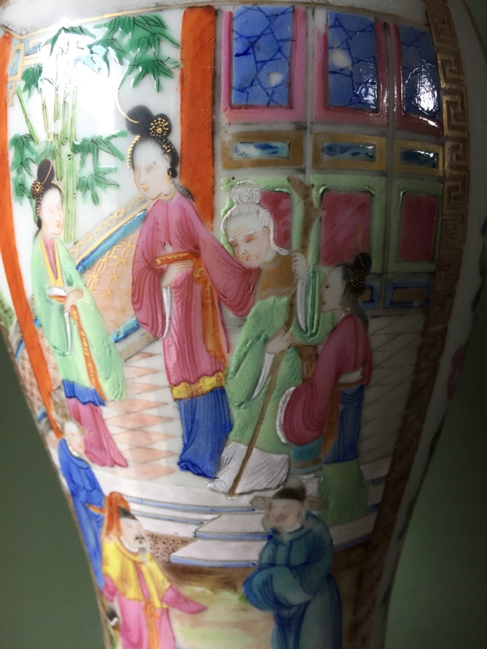Pair of larger-scale mid C19th Chinese ormolu-mounted Cantonese porcelain lamps. View XIII