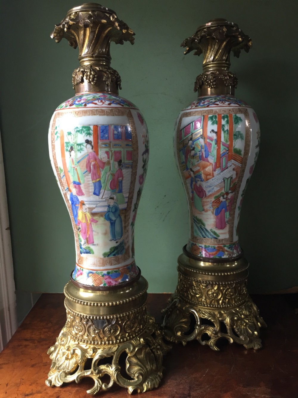 Pair of larger-scale mid C19th Chinese ormolu-mounted Cantonese porcelain lamps. View XIV