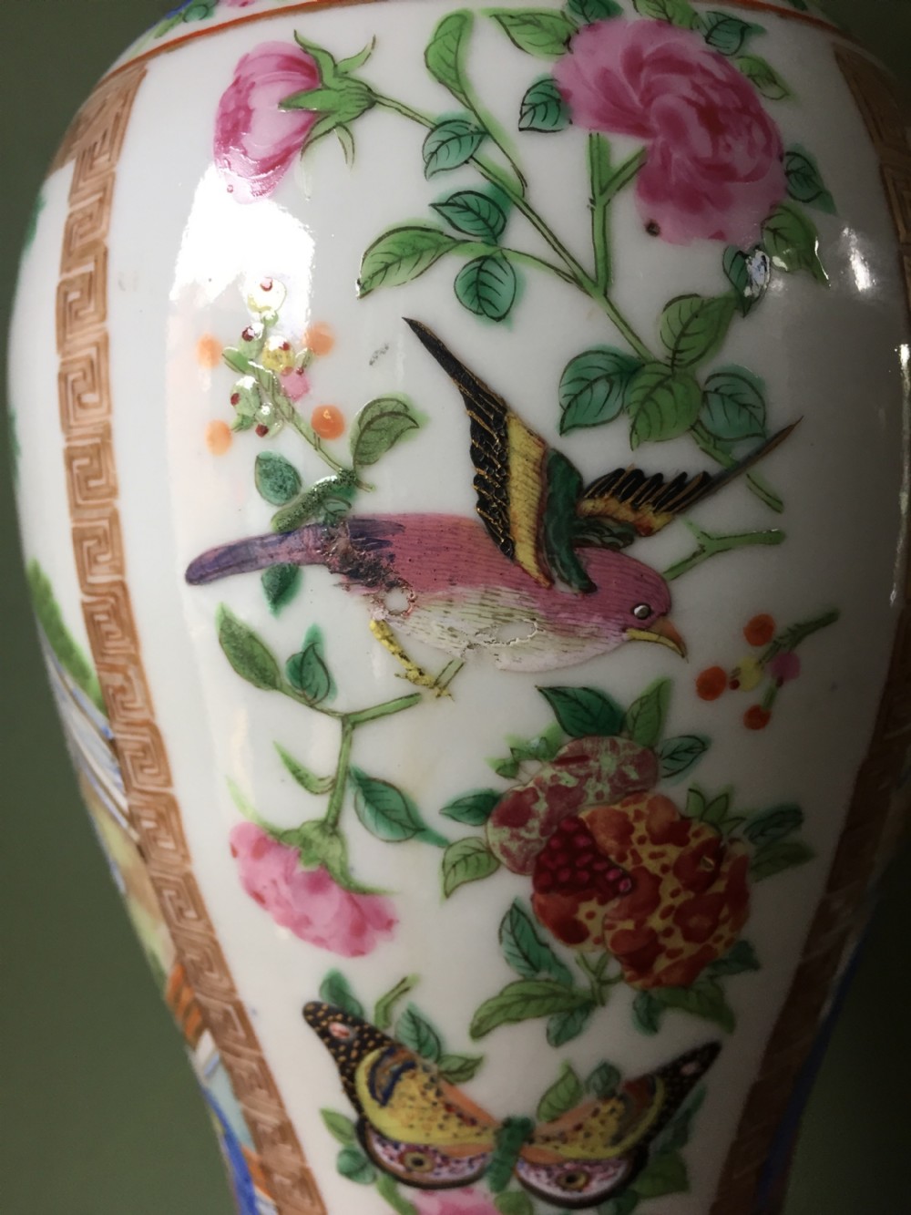 Pair of larger-scale mid C19th Chinese ormolu-mounted Cantonese porcelain lamps. View XV