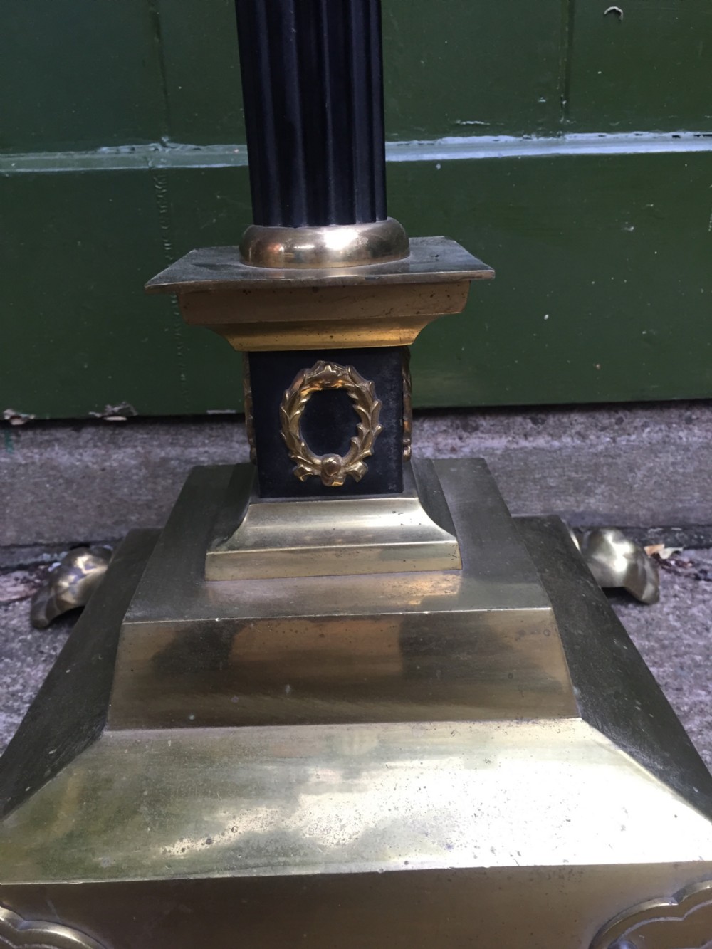 Early C20th Empire style adjustable height reeded column standard lamp with Corinthian capital. View IV