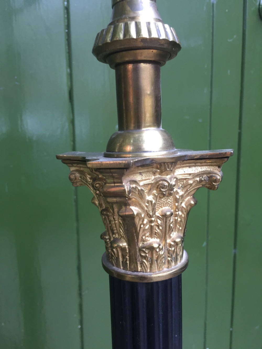 Early C20th Empire style adjustable height reeded column standard lamp with Corinthian capital. View V