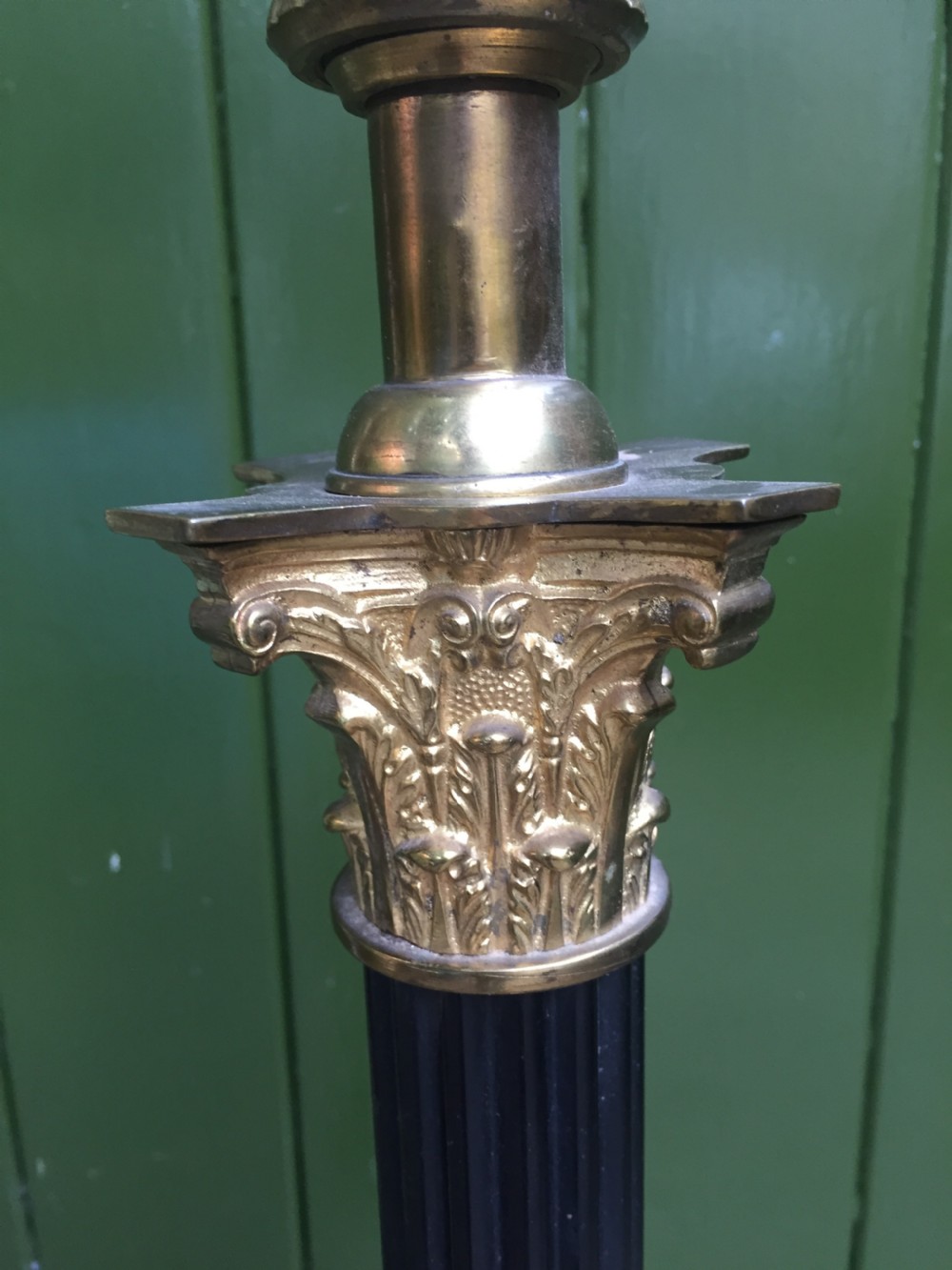 Early C20th Empire style adjustable height reeded column standard lamp with Corinthian capital. View IX