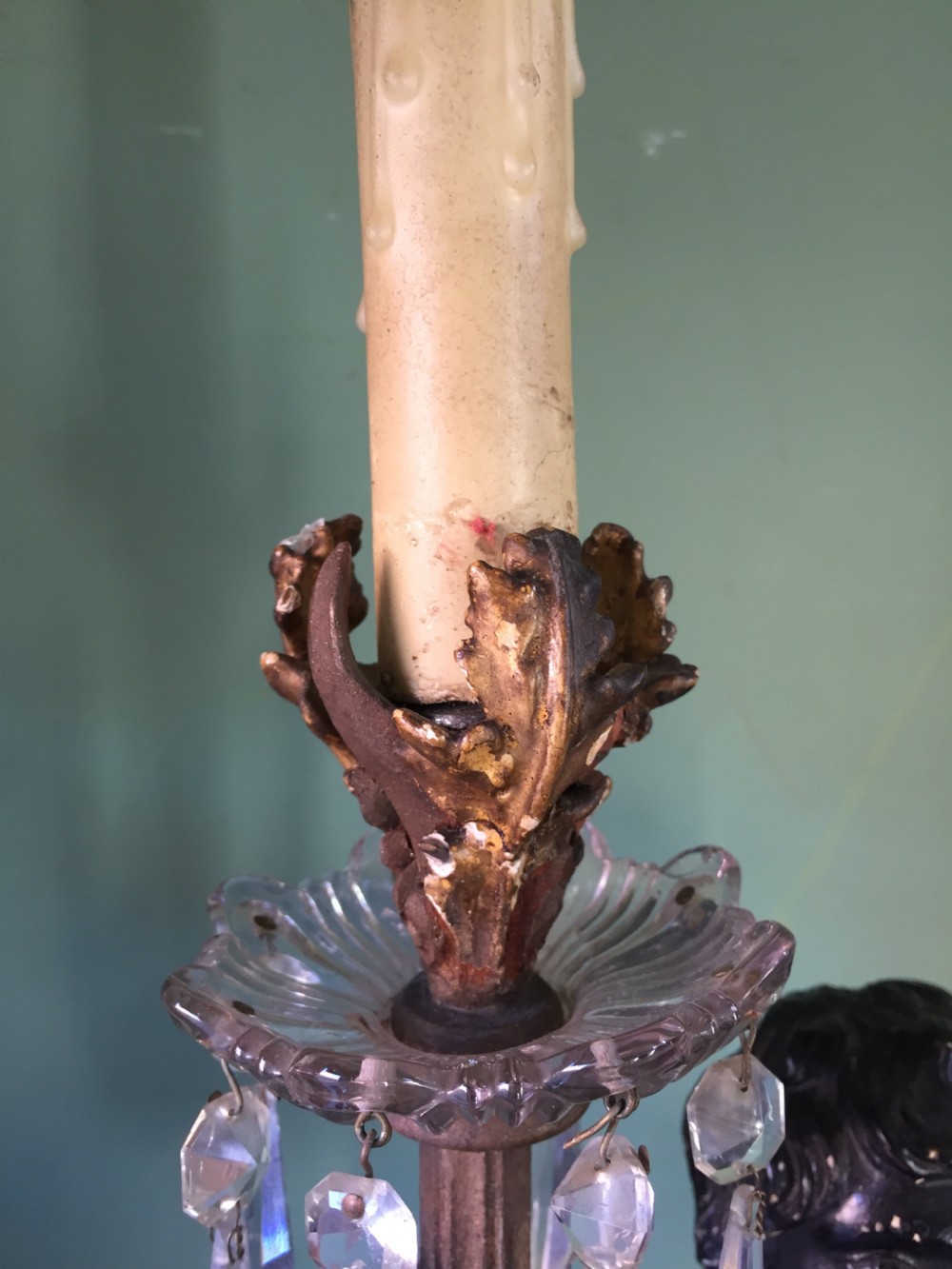 Pair of early C19th Italian carved wood amorini or cherubs modelled as lamps raised on truncated fluted column bases. View IX