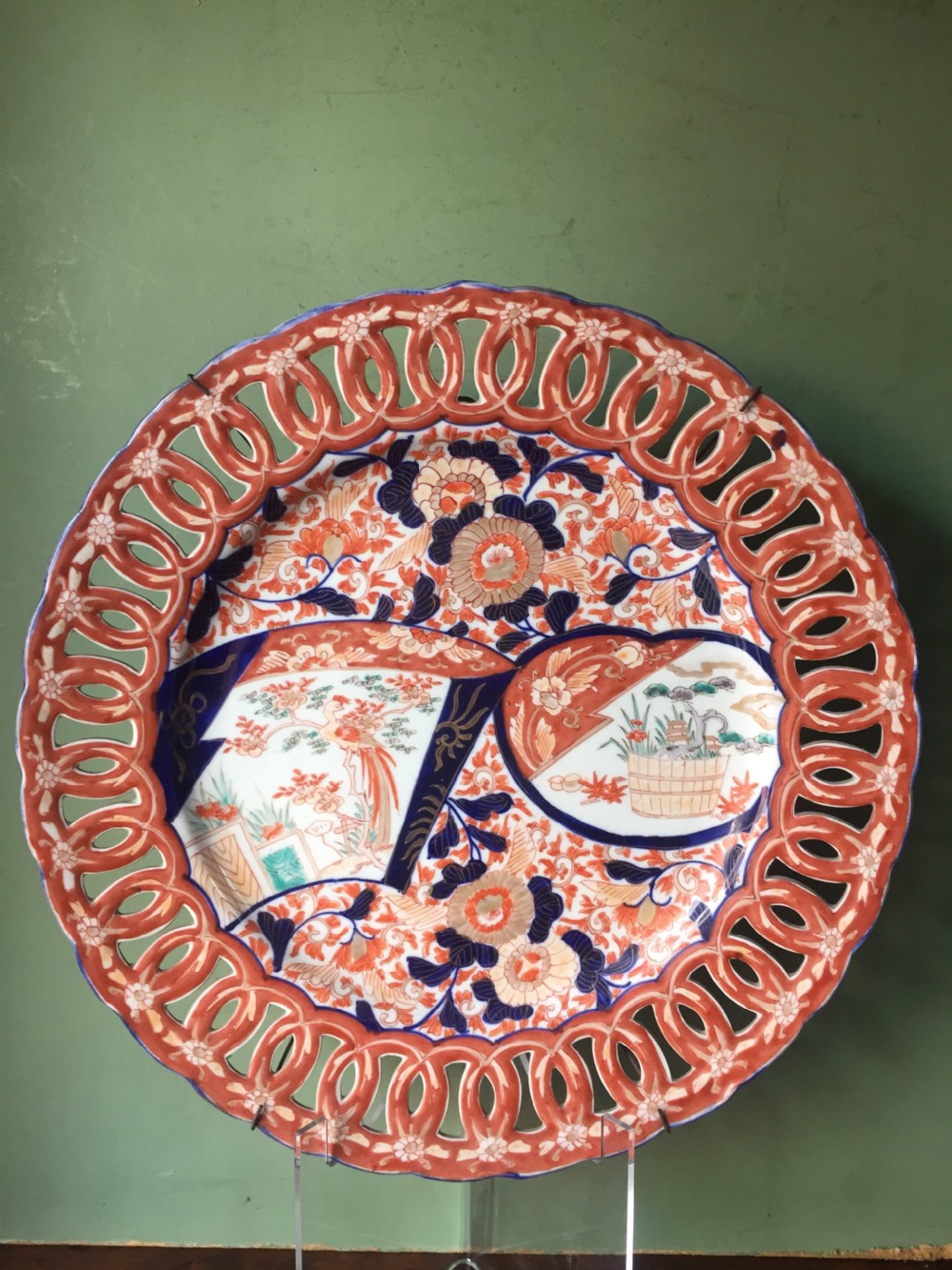 Matched pair of late C19th Japanese Imari porcelain chargers of identical size and shape. View V