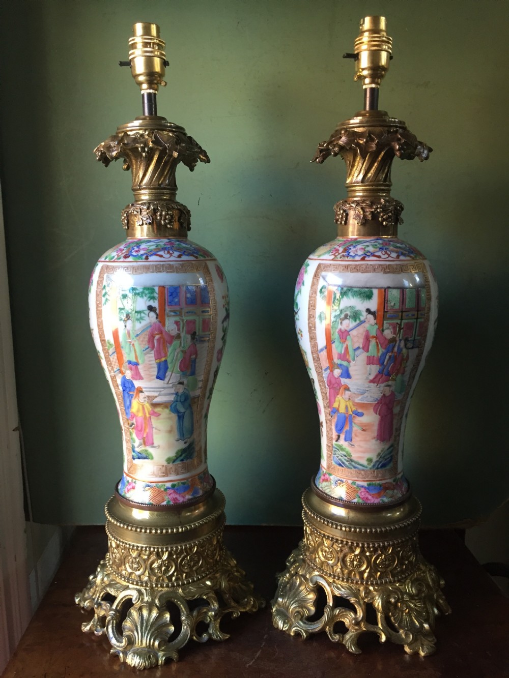 Pair of larger-scale mid C19th Chinese ormolu-mounted Cantonese porcelain lamps.
