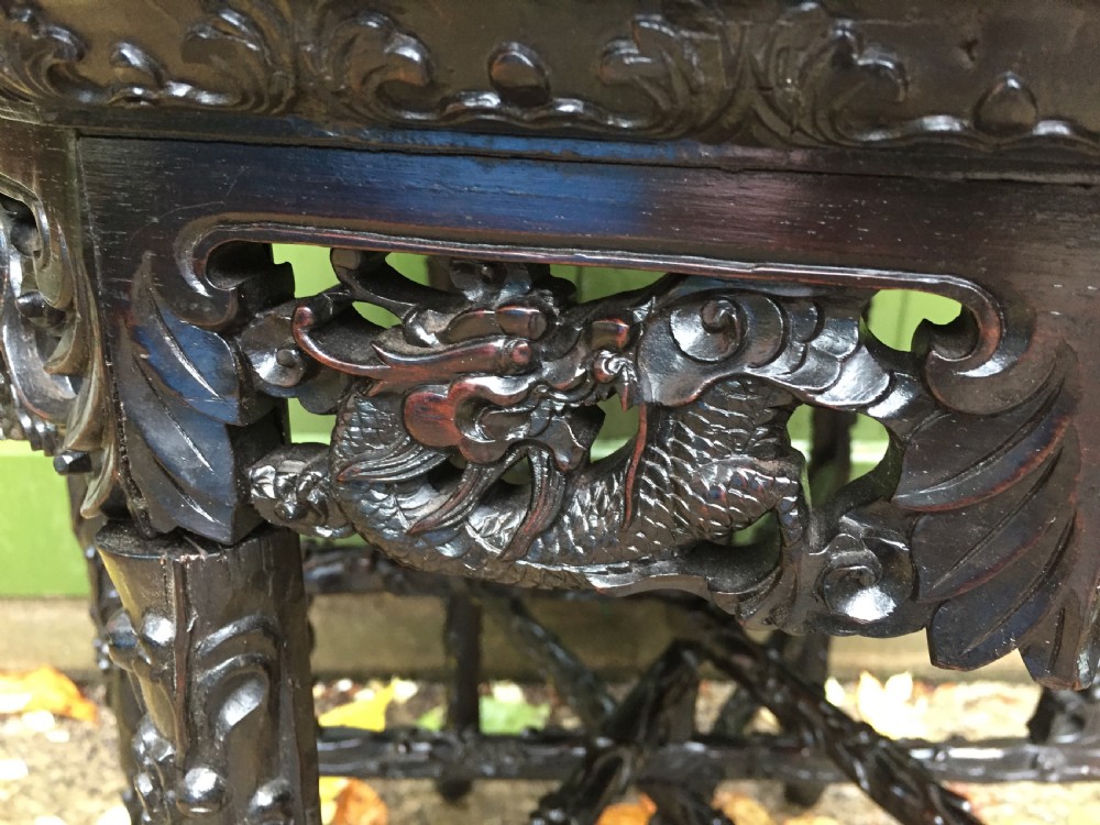 Superb quality late C19th Chinese Qing Dynasty carved hardwood occasional table on folding base. View III