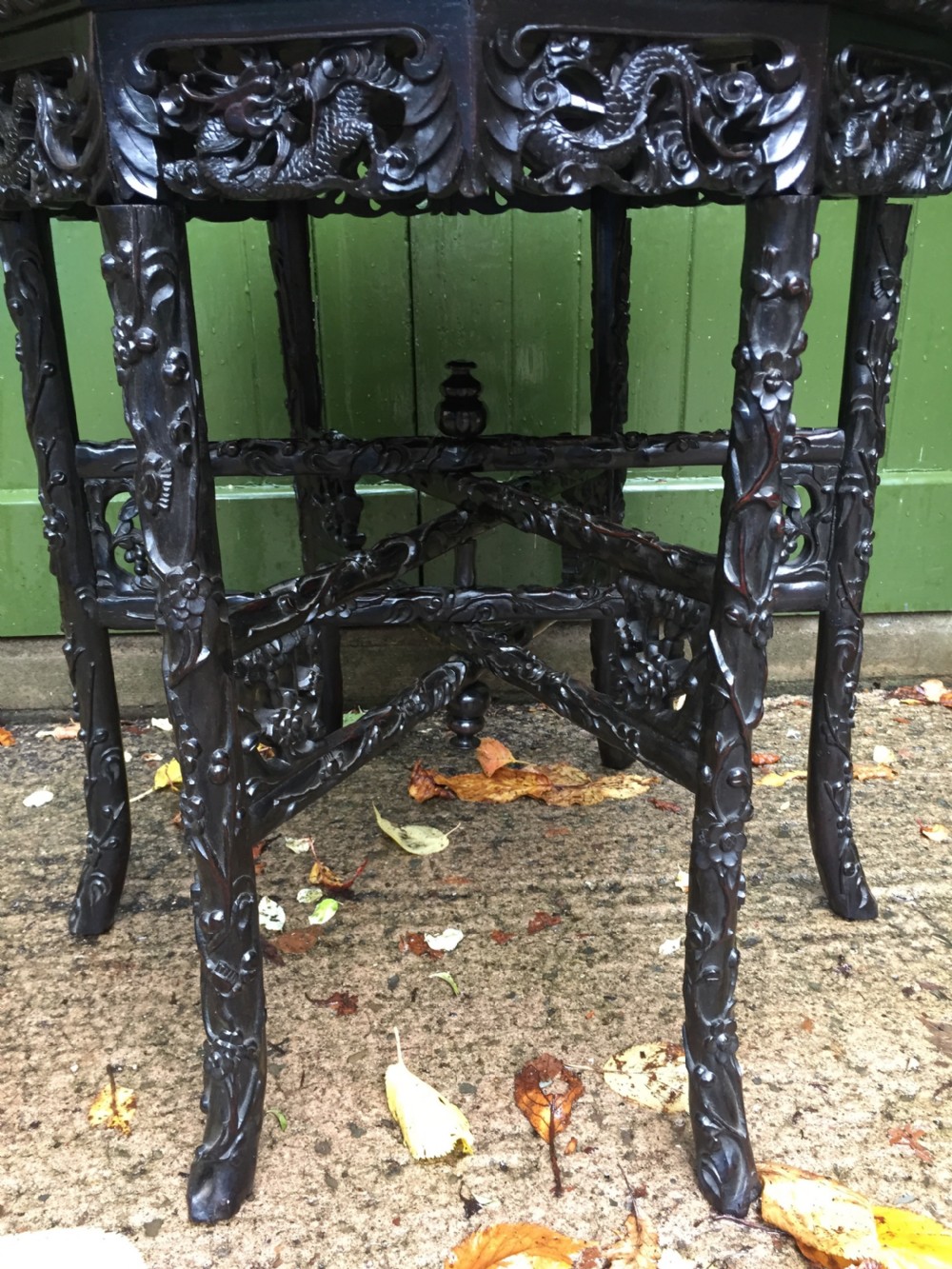 Superb quality late C19th Chinese Qing Dynasty carved hardwood occasional table on folding base. View VII