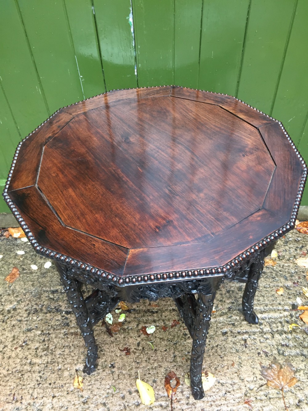 Superb quality late C19th Chinese Qing Dynasty carved hardwood occasional table on folding base. View VIII