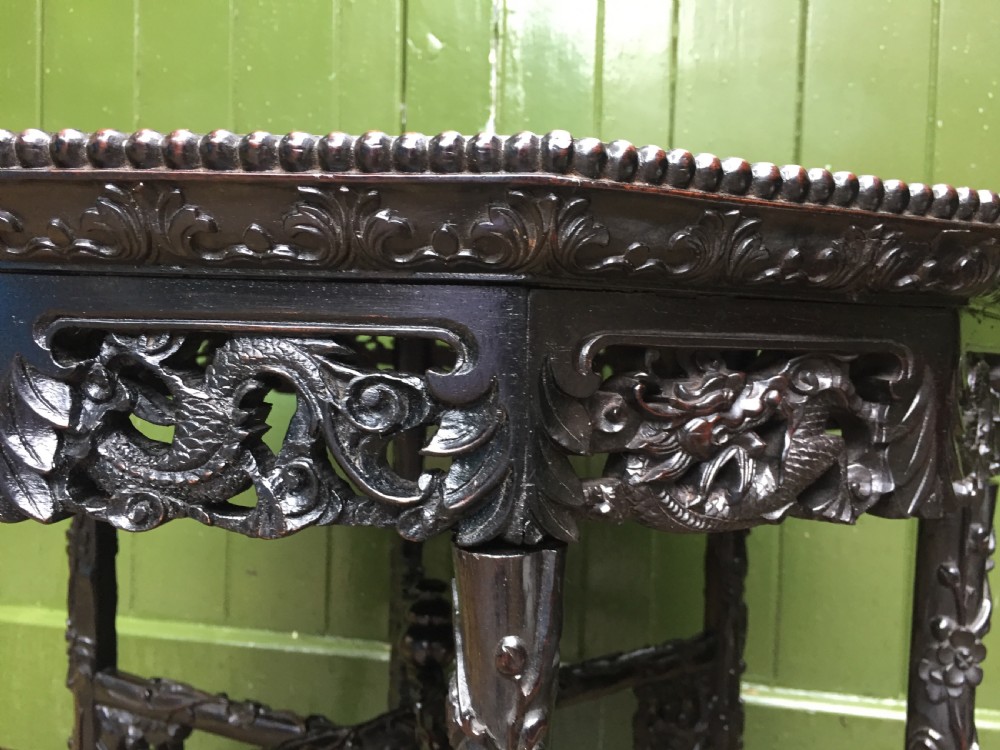 Superb quality late C19th Chinese Qing Dynasty carved hardwood occasional table on folding base. View IX