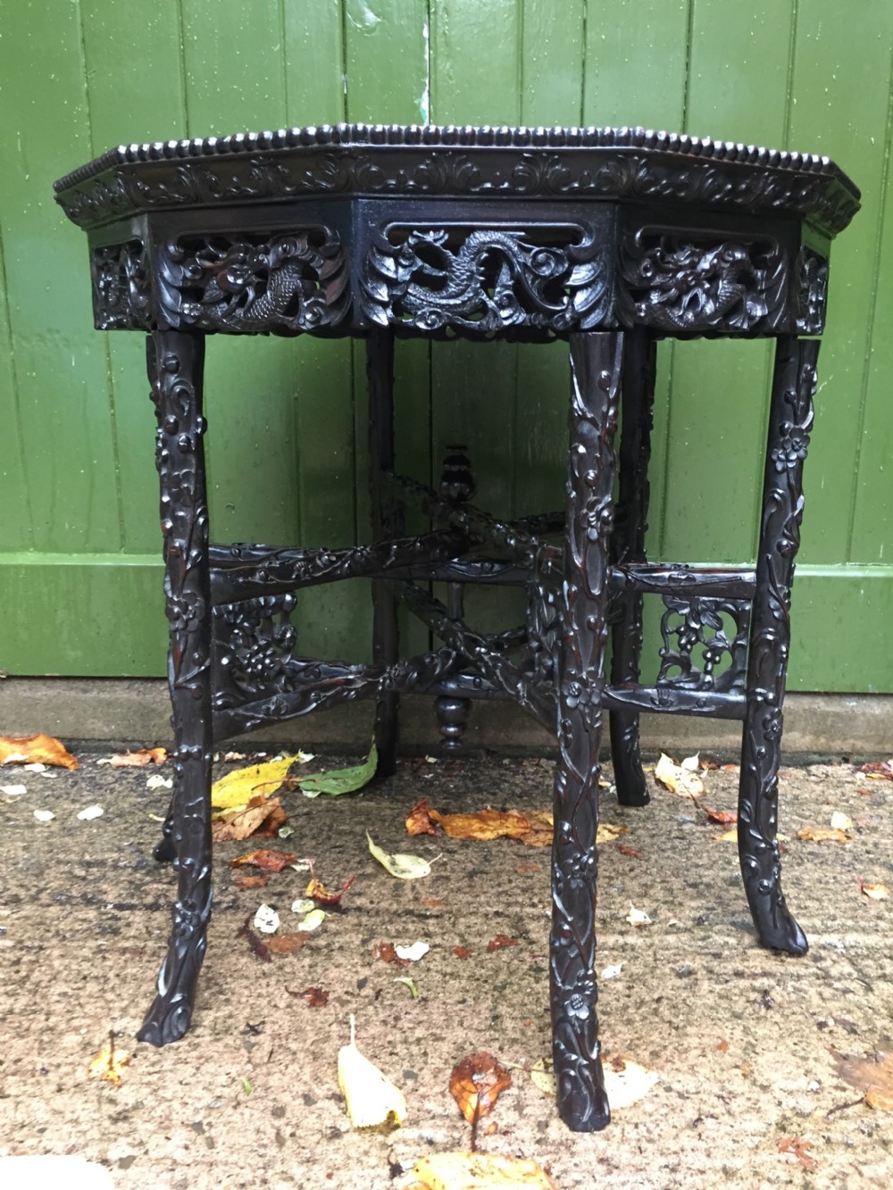 Superb quality late C19th Chinese Qing Dynasty carved hardwood occasional table on folding base. View XI