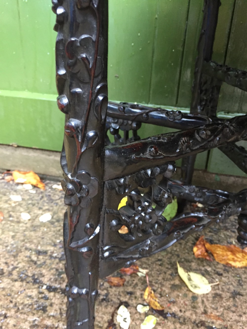 Superb quality late C19th Chinese Qing Dynasty carved hardwood occasional table on folding base. View XII