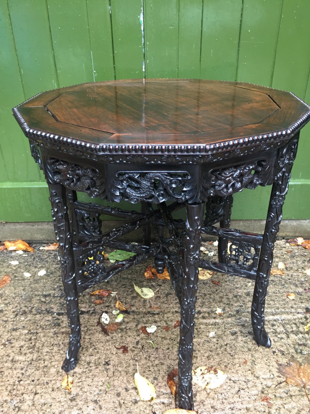 Superb quality late C19th Chinese Qing Dynasty carved hardwood occasional table on folding base. View XIII