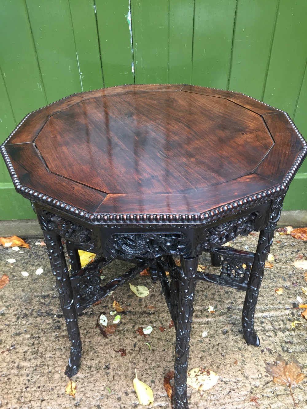 Superb quality late C19th Chinese Qing Dynasty carved hardwood occasional table on folding base. View XIV